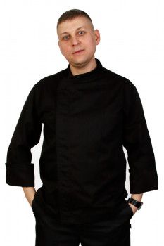 Куртка шеф-повара премиум черная рукав длинный с манжетом (отделка черный кант) [00012]