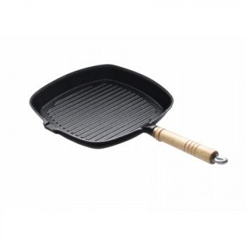 Сковорода чугунная рифленая 230х230 мм с деревянной ручкой Luxstahl [HE85]