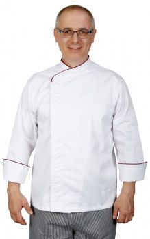 Куртка шеф-повара премиум белая рукав длинный с манжетом (отделка бордовый кант) [00012]